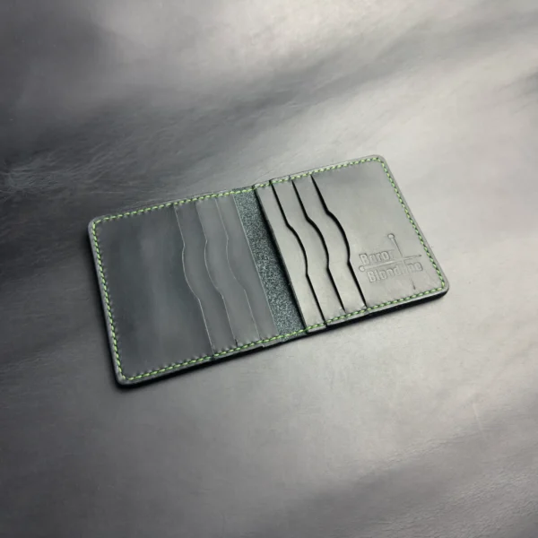 Bifold Card Holder "Eclipse" – Black Crazy Horse Leather with Green Stitching