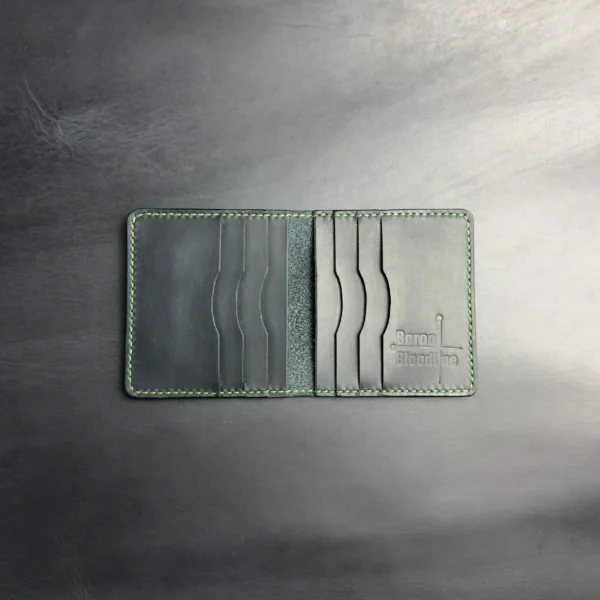 Bifold Card Holder "Eclipse" – Black Crazy Horse Leather with Green Stitching