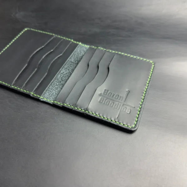 Bifold Card Holder "Eclipse" – Black Crazy Horse Leather with Green Stitching