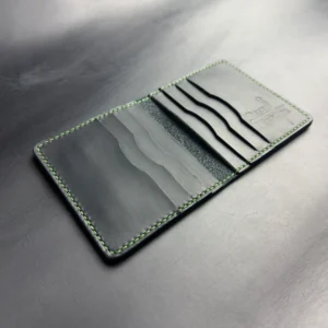 IMG_4669 Bifold Card Holder "Eclipse" – Black Crazy Horse Leather with Green Stitching