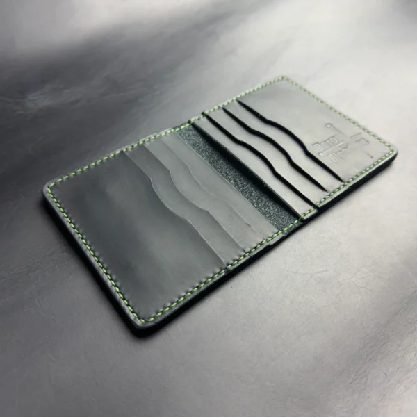 Bifold Card Holder "Eclipse" – Black Crazy Horse Leather with Green Stitching