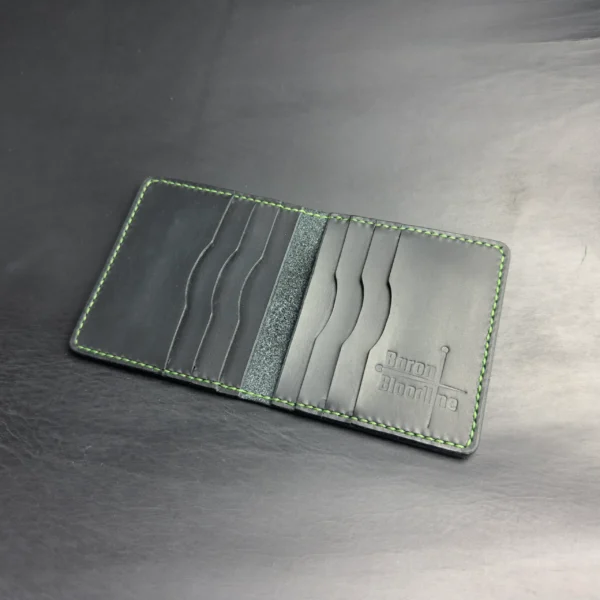 Bifold Card Holder "Eclipse" – Black Crazy Horse Leather with Green Stitching