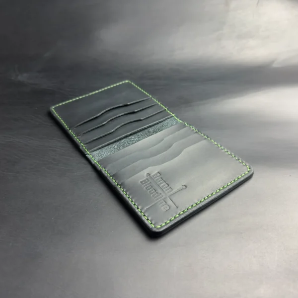 Bifold Card Holder "Eclipse" – Black Crazy Horse Leather with Green Stitching