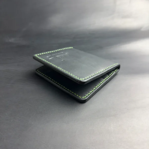 Bifold Card Holder "Eclipse" – Black Crazy Horse Leather with Green Stitching