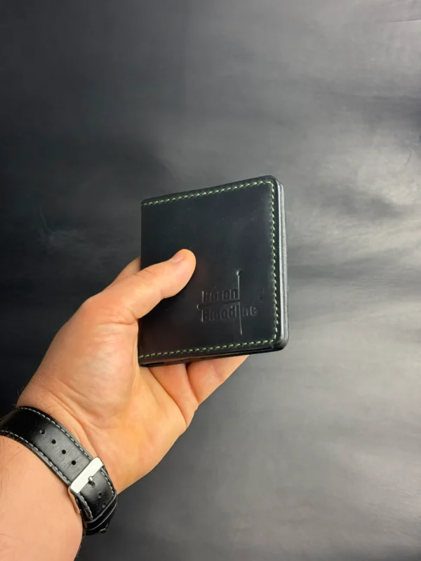 Bifold Card Holder "Eclipse" – Black Crazy Horse Leather with Green Stitching